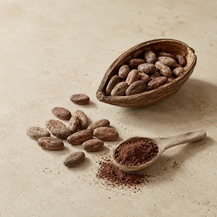 Cacao pod, beans and a spoon of cacao powder