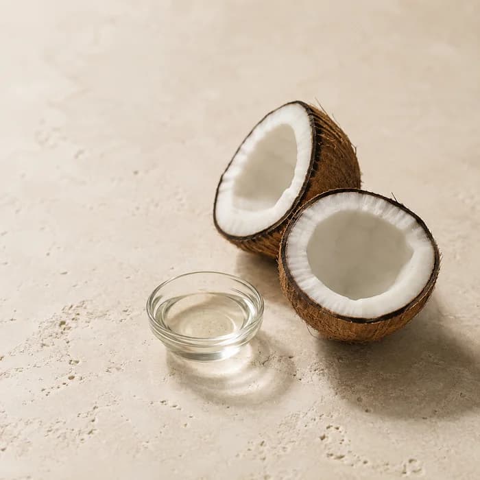 Coconut halves beside a dish of coconut oil