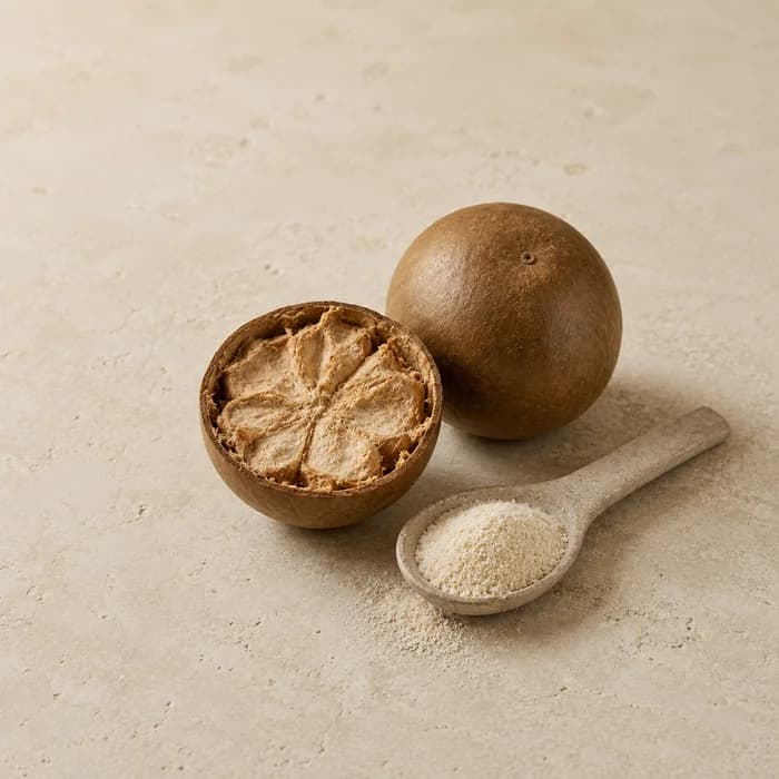 Whole and halved monk fruit with a spoon of sweetener