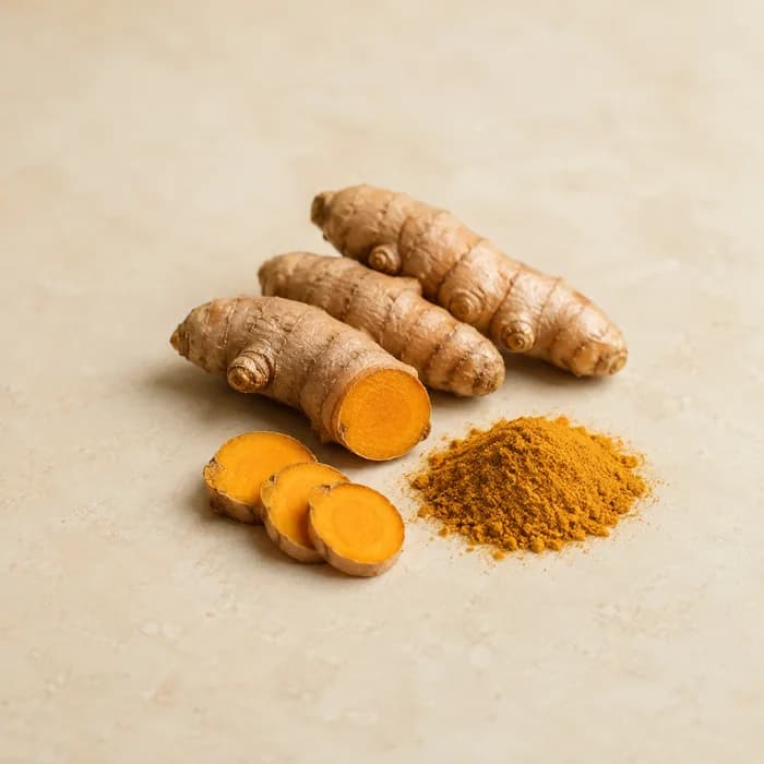 Fresh turmeric root, sliced, with turmeric powder