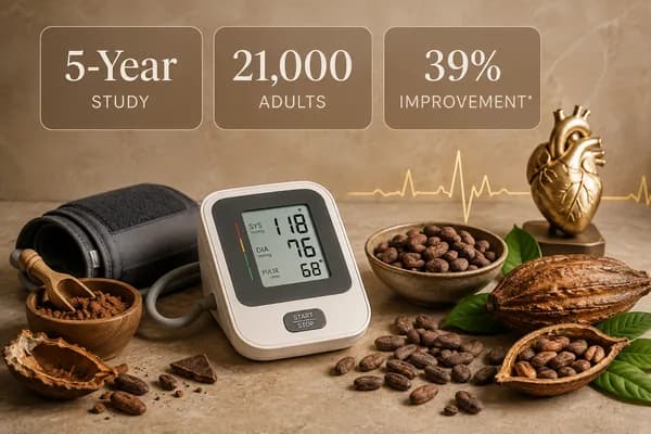 Blood pressure monitor reading 118/76 beside cacao beans and pods