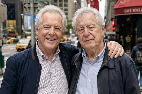 Two older identical twins standing together on a city street
